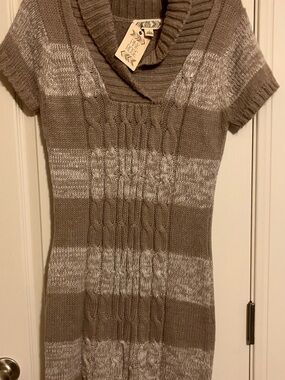 Pink Rose Taupe and Cream Cable-Knit Cowl Short-Sleeve Sweater Dress